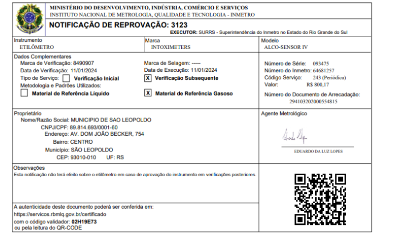 “Bafômetro” da GCM de São Leopoldo REPROVADO